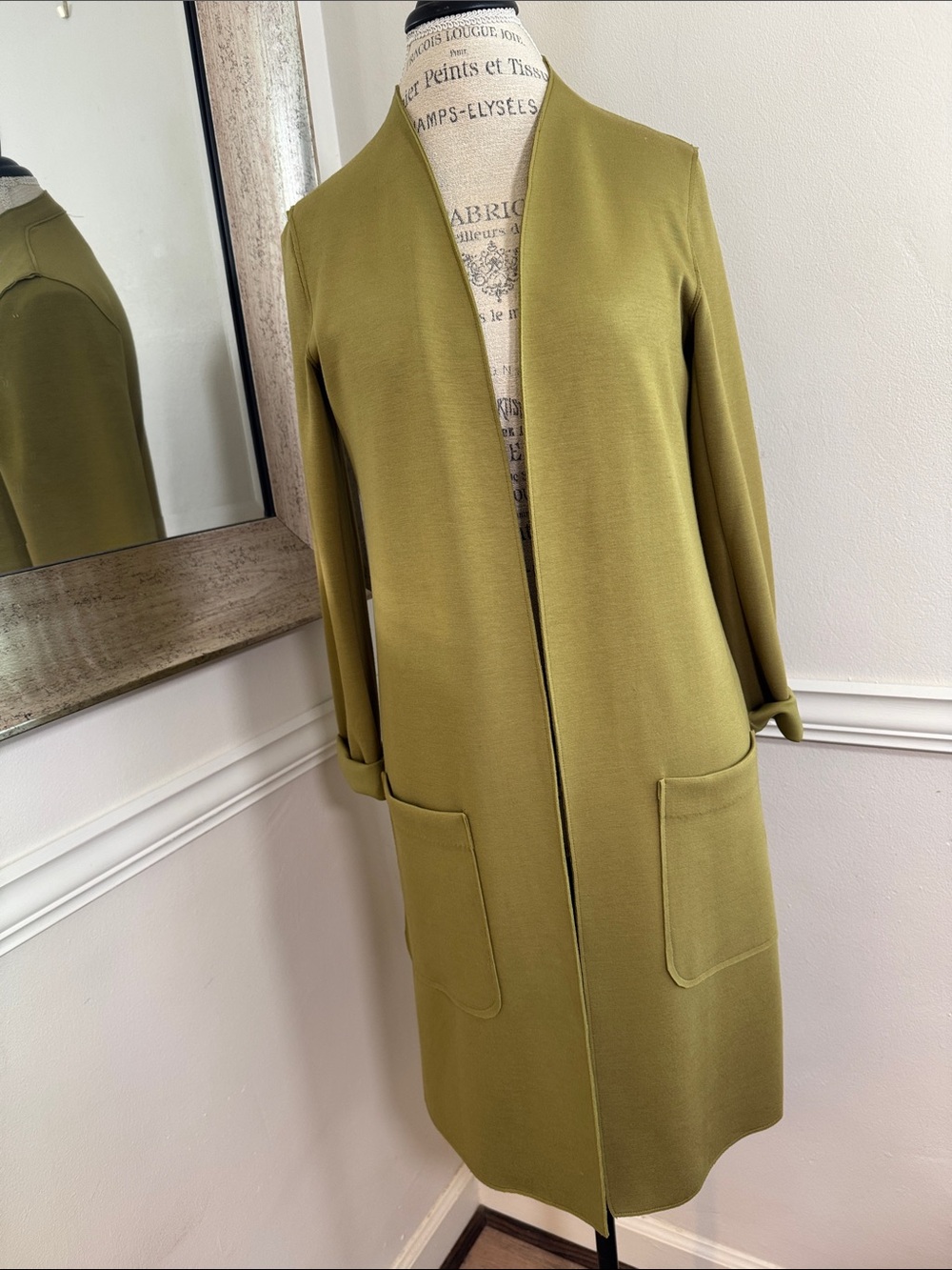 Carolina Belle Olive Green Open-Front Long Sweater Coat